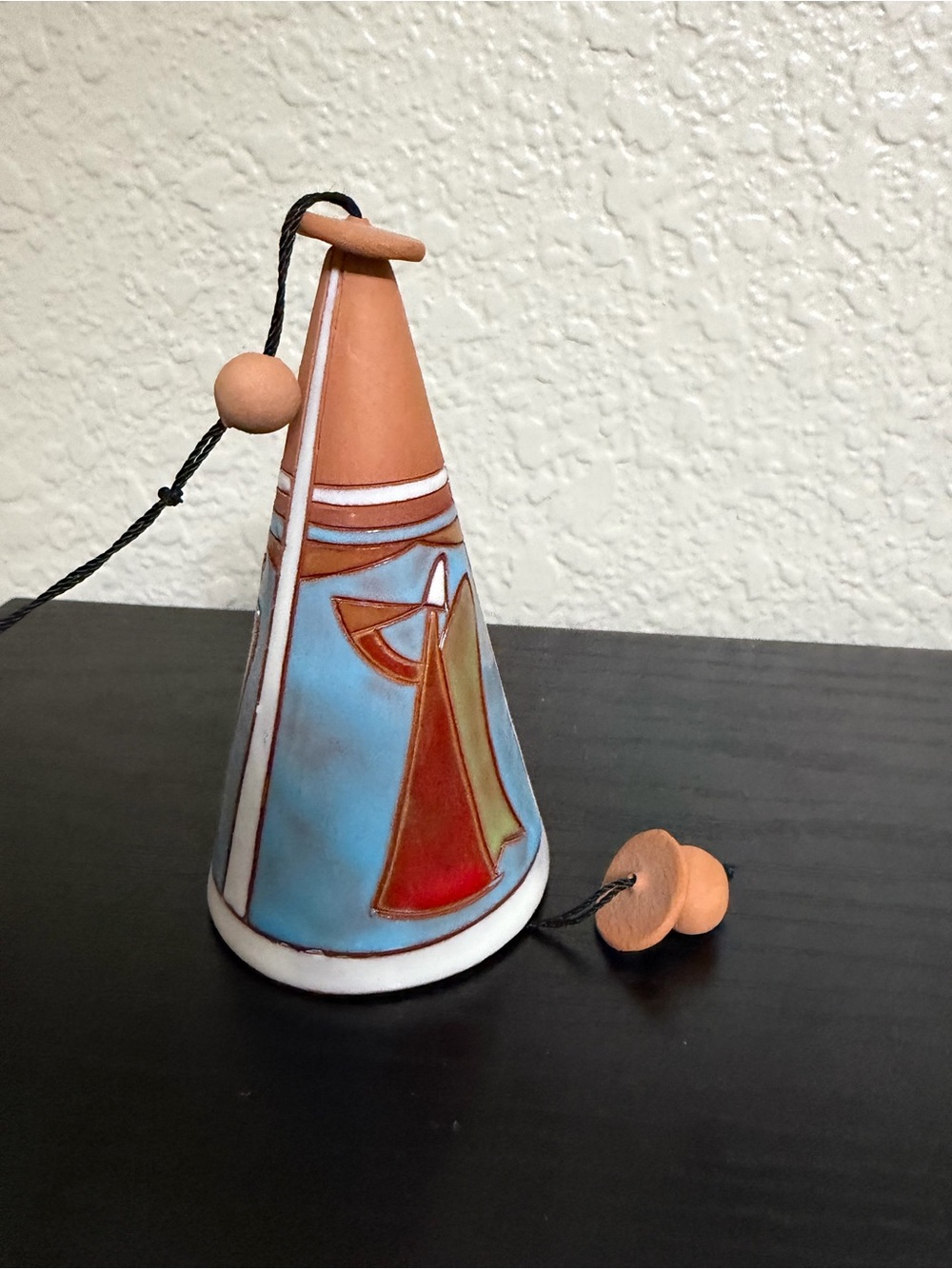 Handcrafted Terracotta Blue and Red Cone Bell - Home Art